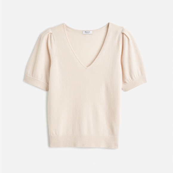 Madewell Cashmere V-Neck Puff-Sleeve Sweater Tee XS in Hthr Oat staple wardrobe - Picture 1 of 10